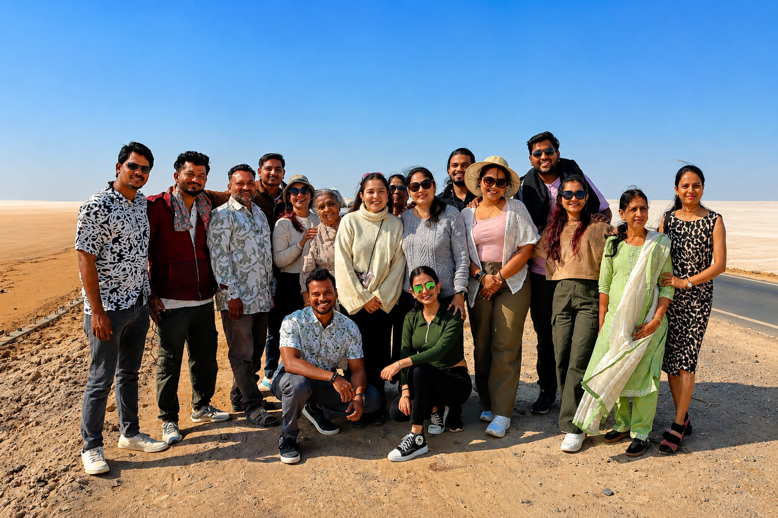 Large extended family group of sixteen people on the White Rann salt desert road, Kutch
